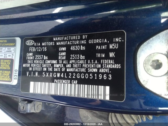 Photo 8 VIN: 5XXGW4L22GG051963 - KIA OPTIMA 