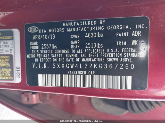 Photo 8 VIN: 5XXGW4L22KG367260 - KIA OPTIMA 