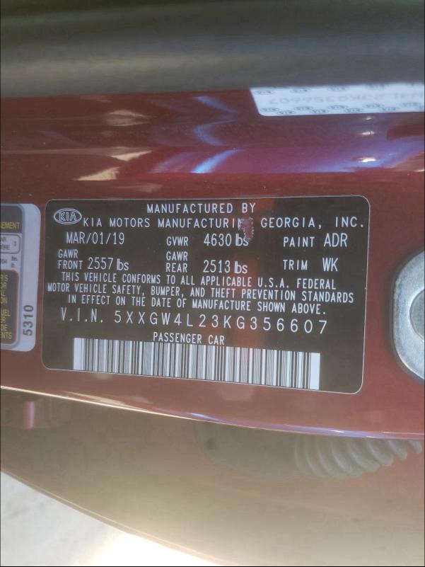 Photo 9 VIN: 5XXGW4L23KG356607 - KIA OPTIMA SX 