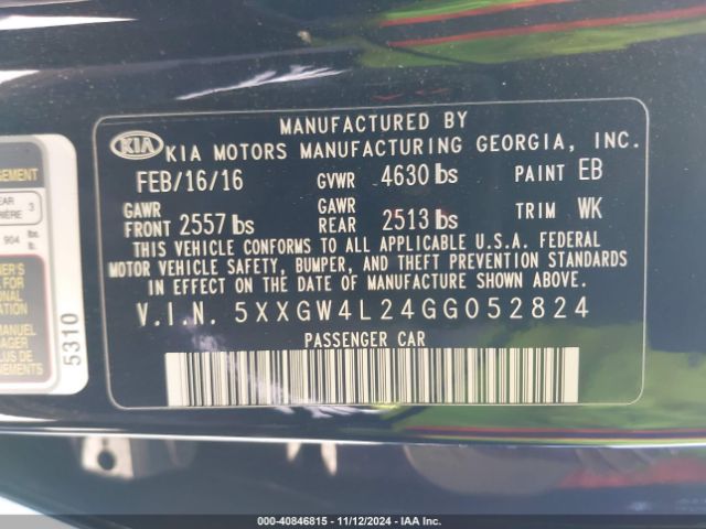 Photo 8 VIN: 5XXGW4L24GG052824 - KIA OPTIMA 