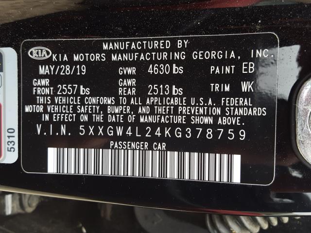 Photo 9 VIN: 5XXGW4L24KG378759 - KIA OPTIMA SX 