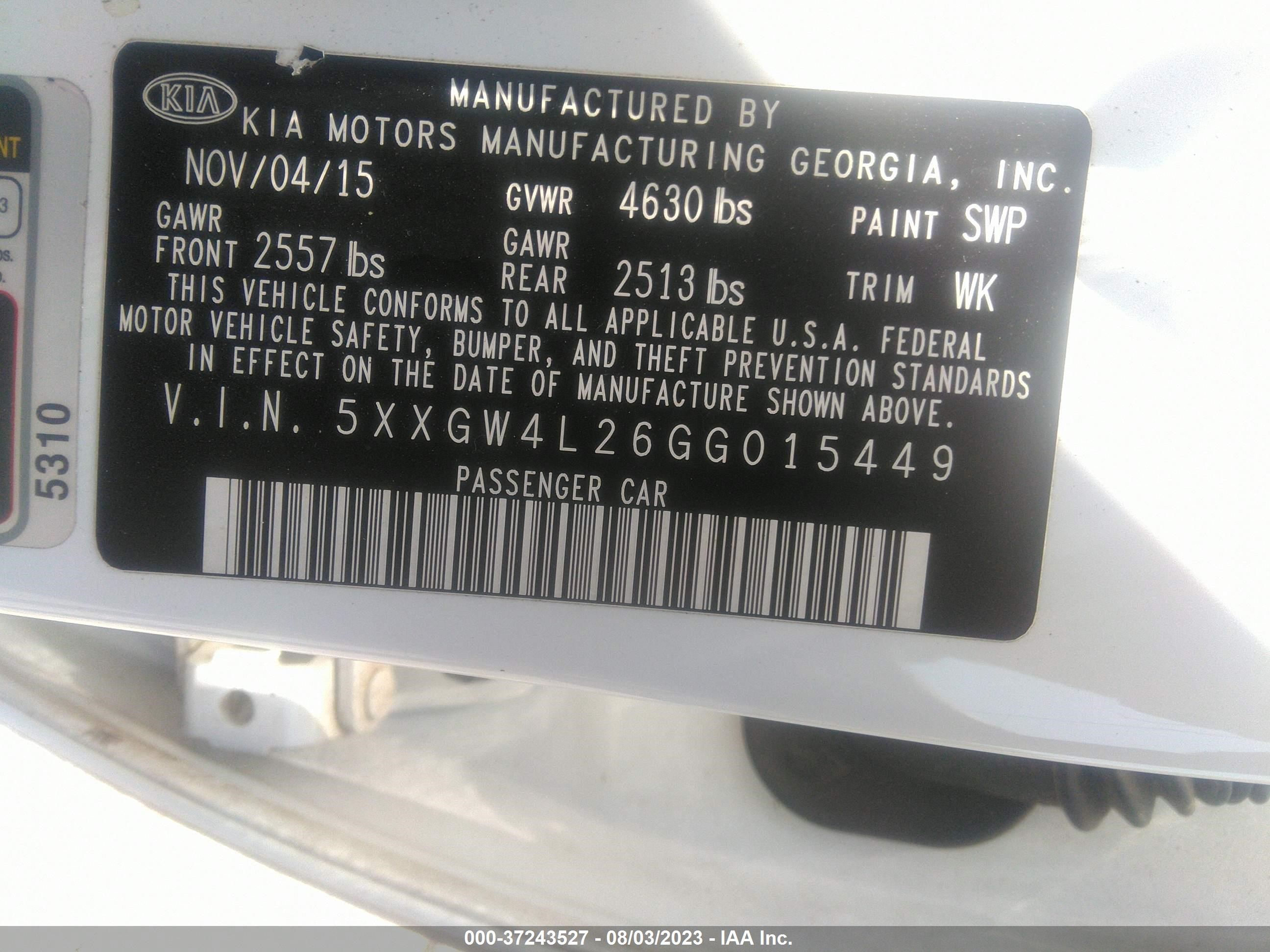 Photo 8 VIN: 5XXGW4L26GG015449 - KIA OPTIMA 