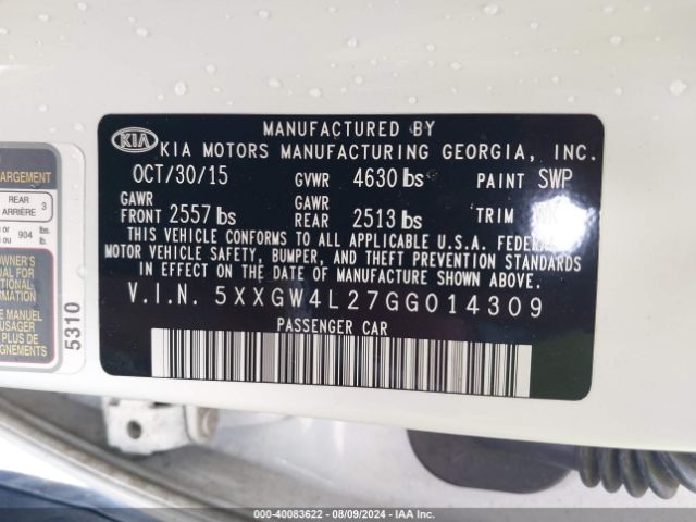 Photo 8 VIN: 5XXGW4L27GG014309 - KIA OPTIMA 