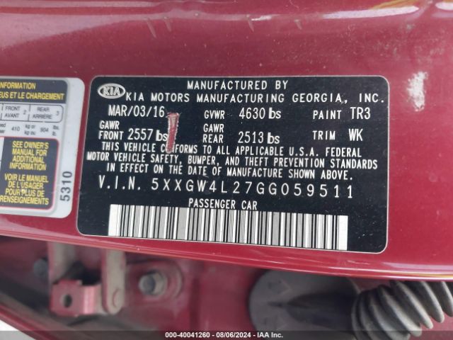 Photo 8 VIN: 5XXGW4L27GG059511 - KIA OPTIMA 