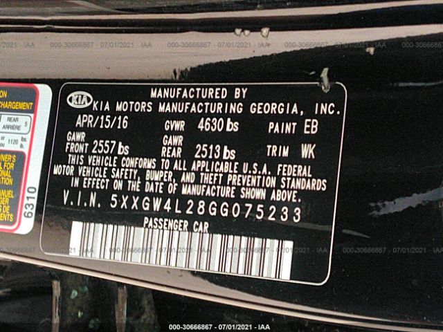 Photo 8 VIN: 5XXGW4L28GG075233 - KIA OPTIMA 