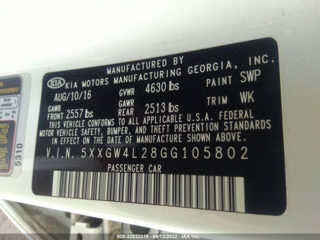 Photo 8 VIN: 5XXGW4L28GG105802 - KIA OPTIMA 