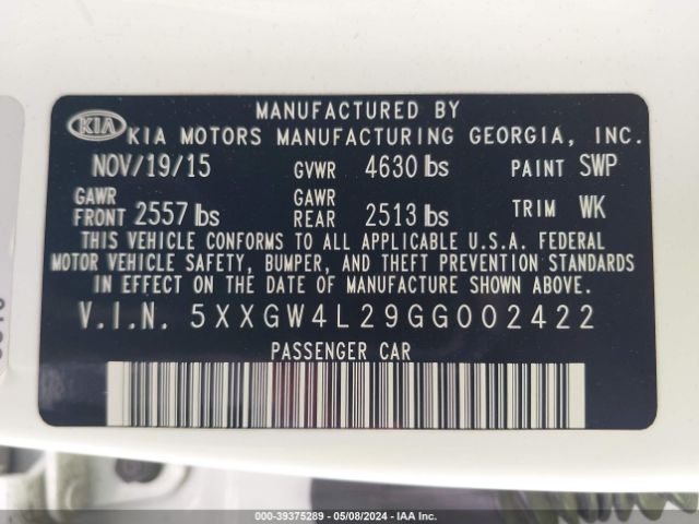 Photo 8 VIN: 5XXGW4L29GG002422 - KIA OPTIMA 