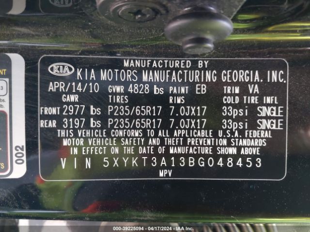 Photo 8 VIN: 5XYKT3A13BG048453 - KIA SORENTO 