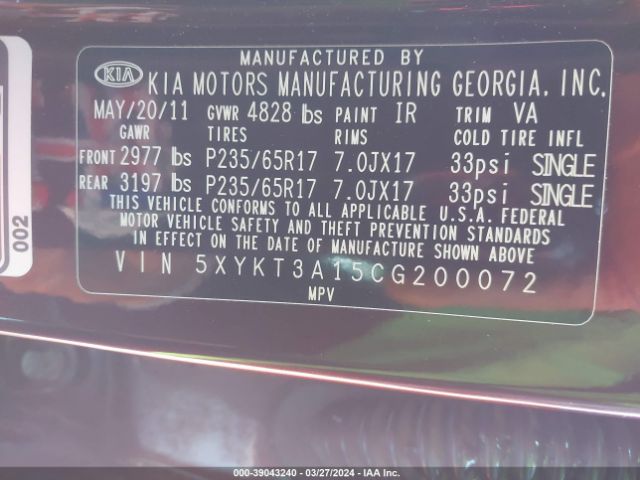 Photo 8 VIN: 5XYKT3A15CG200072 - KIA SORENTO 