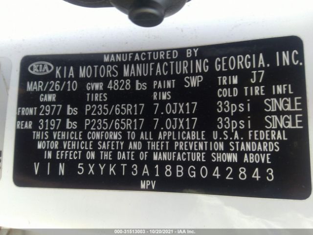 Photo 8 VIN: 5XYKT3A18BG042843 - KIA SORENTO 