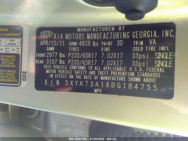 Photo 8 VIN: 5XYKT3A18BG184755 - KIA SORENTO 