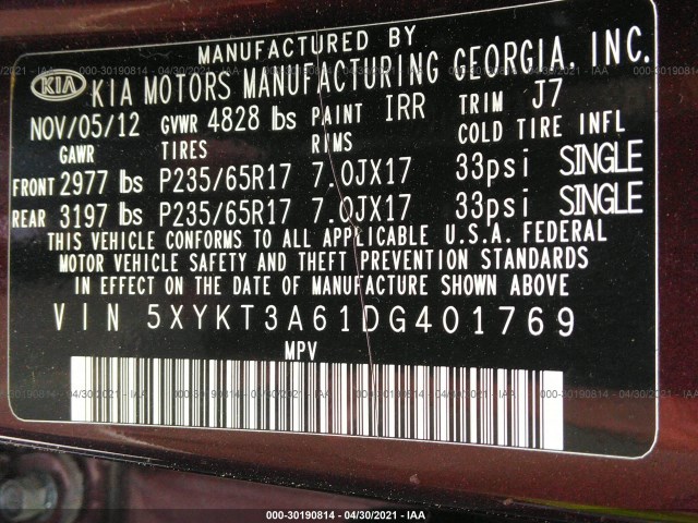 Photo 8 VIN: 5XYKT3A61DG401769 - KIA SORENTO 