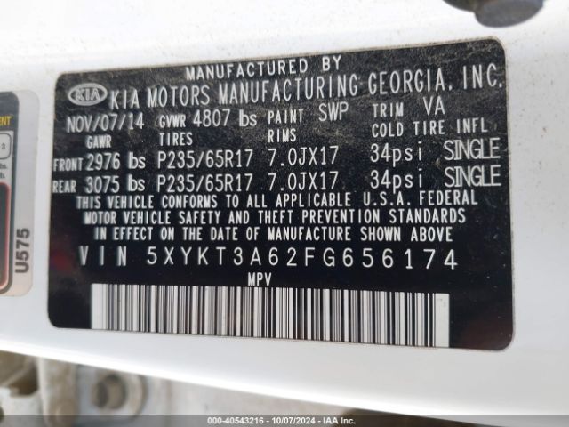 Photo 8 VIN: 5XYKT3A62FG656174 - KIA SORENTO 