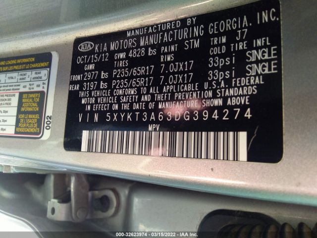 Photo 8 VIN: 5XYKT3A63DG394274 - KIA SORENTO 