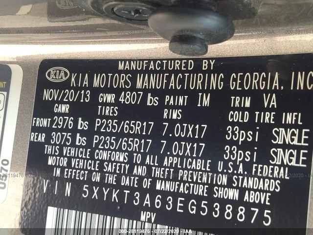 Photo 8 VIN: 5XYKT3A63EG538875 - KIA SORENTO 