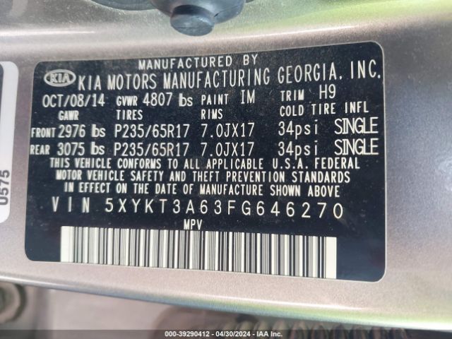 Photo 8 VIN: 5XYKT3A63FG646270 - KIA SORENTO 