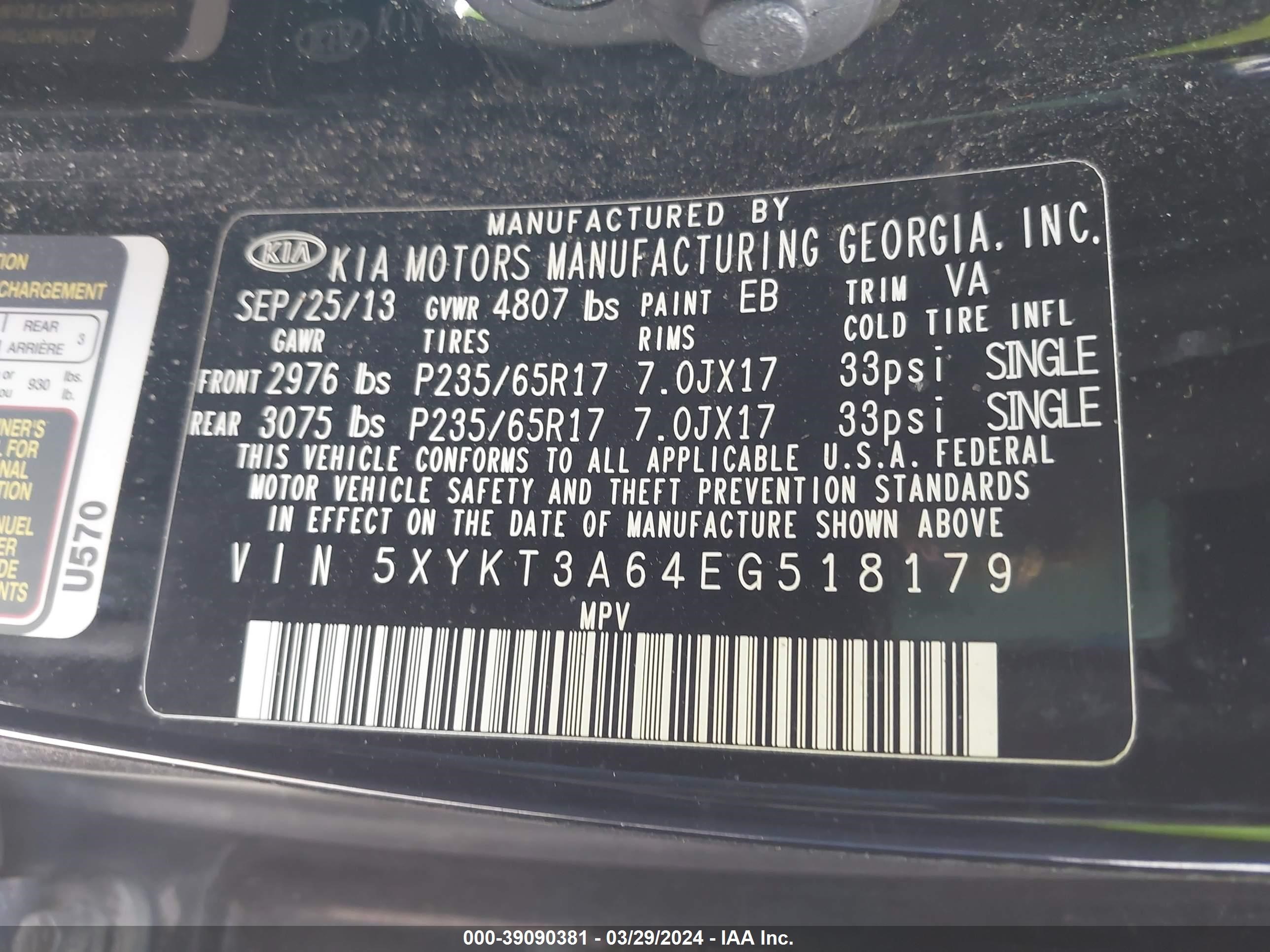 Photo 8 VIN: 5XYKT3A64EG518179 - KIA SORENTO 