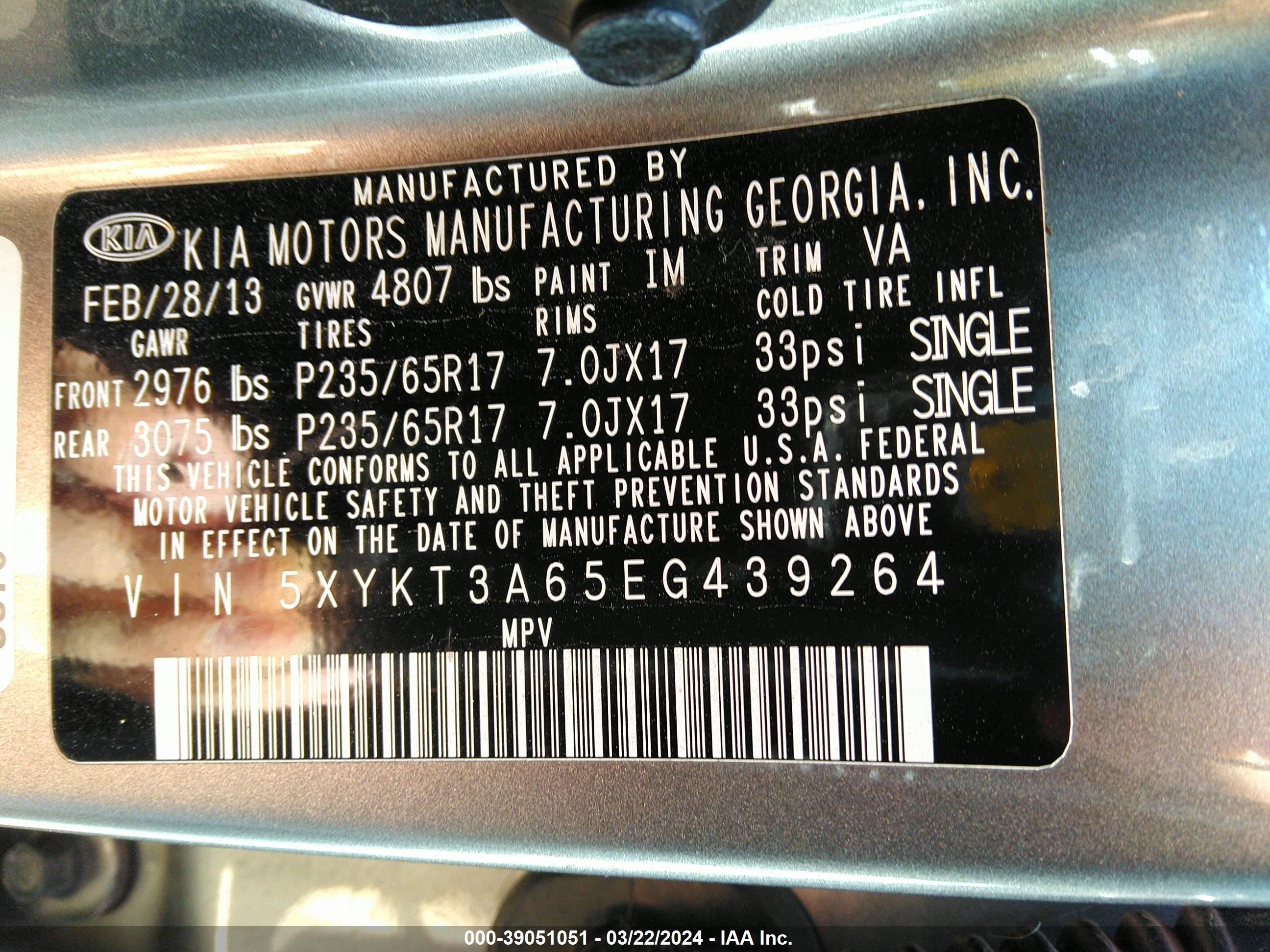 Photo 8 VIN: 5XYKT3A65EG439264 - KIA SORENTO 