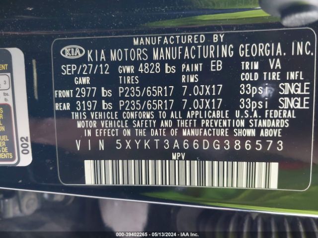 Photo 8 VIN: 5XYKT3A66DG386573 - KIA SORENTO 