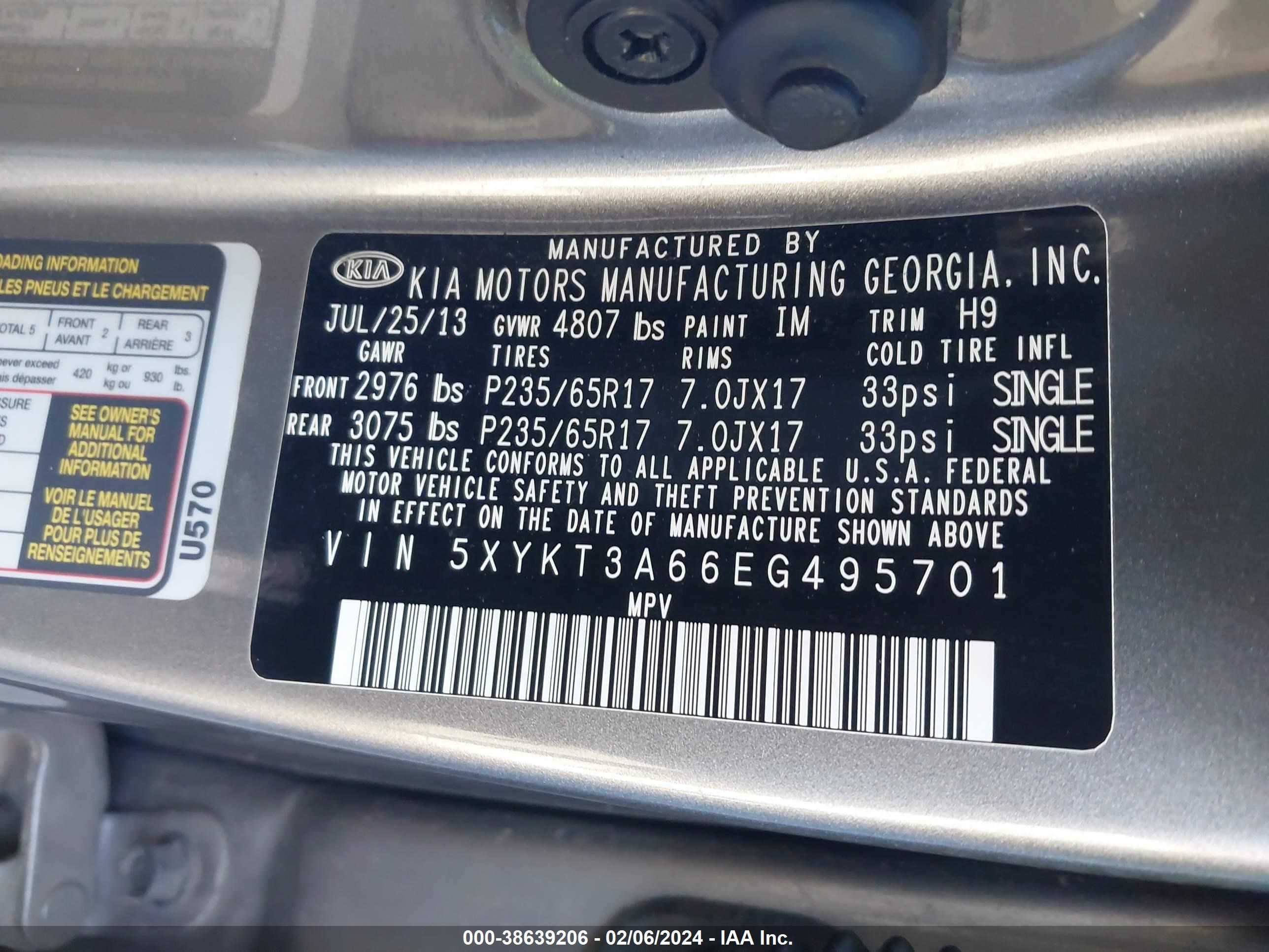 Photo 8 VIN: 5XYKT3A66EG495701 - KIA SORENTO 