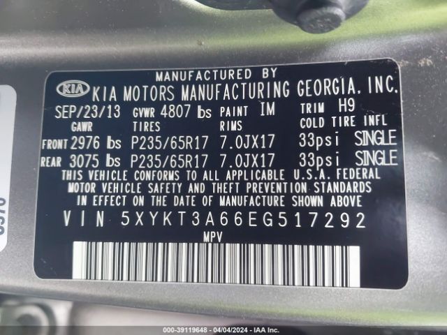 Photo 8 VIN: 5XYKT3A66EG517292 - KIA SORENTO 