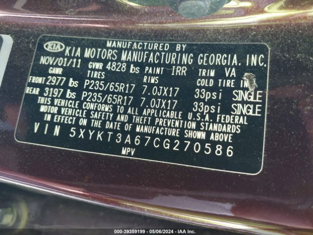 Photo 8 VIN: 5XYKT3A67CG270586 - KIA SORENTO 