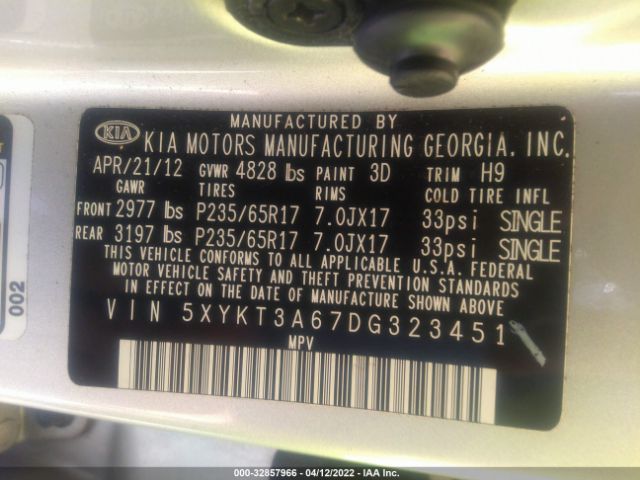 Photo 8 VIN: 5XYKT3A67DG323451 - KIA SORENTO 