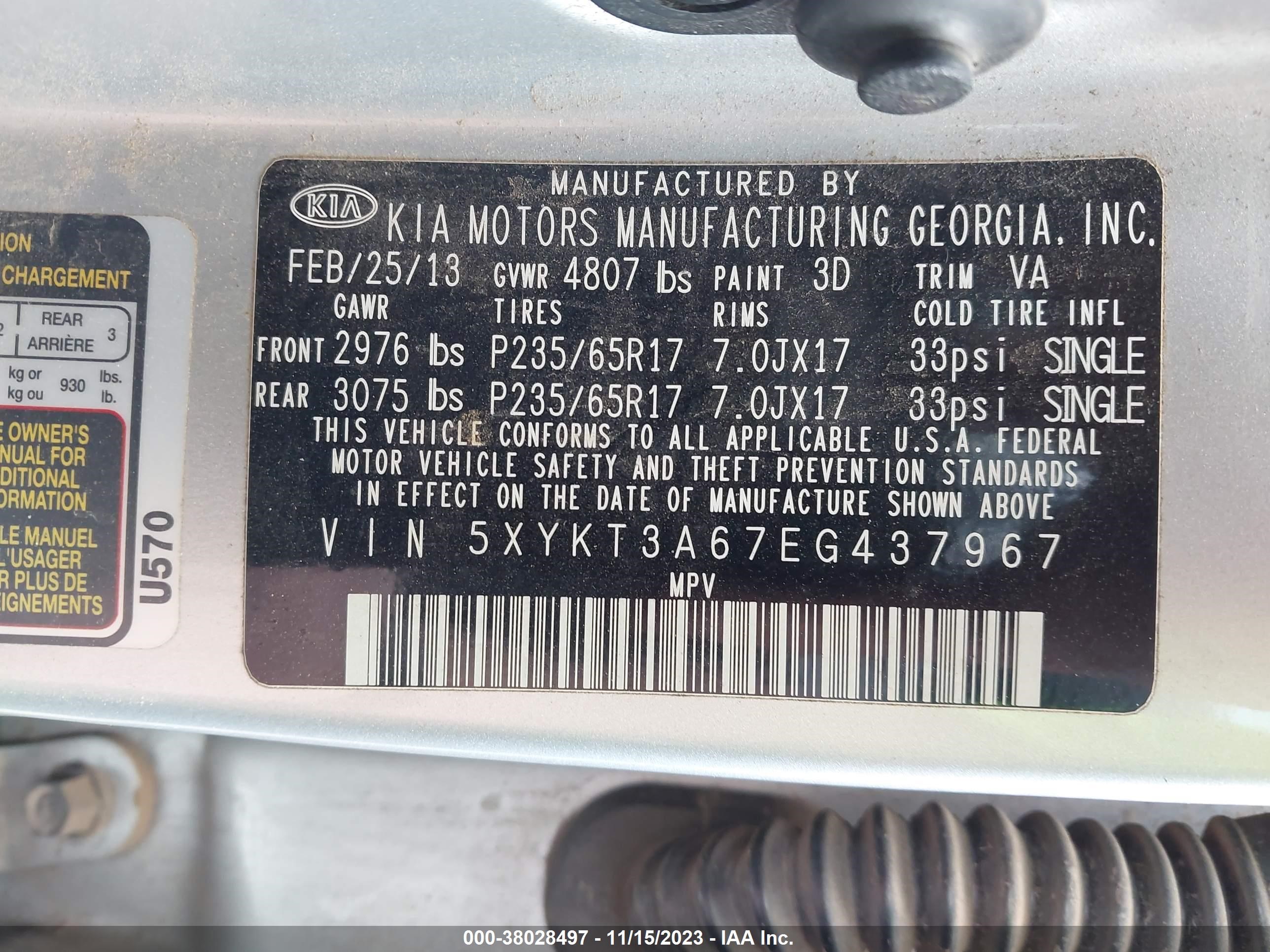 Photo 8 VIN: 5XYKT3A67EG437967 - KIA SORENTO 