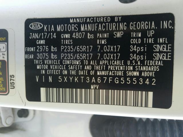 Photo 9 VIN: 5XYKT3A67FG555342 - KIA SORENTO LX 