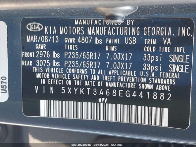 Photo 8 VIN: 5XYKT3A68EG441882 - KIA SORENTO 