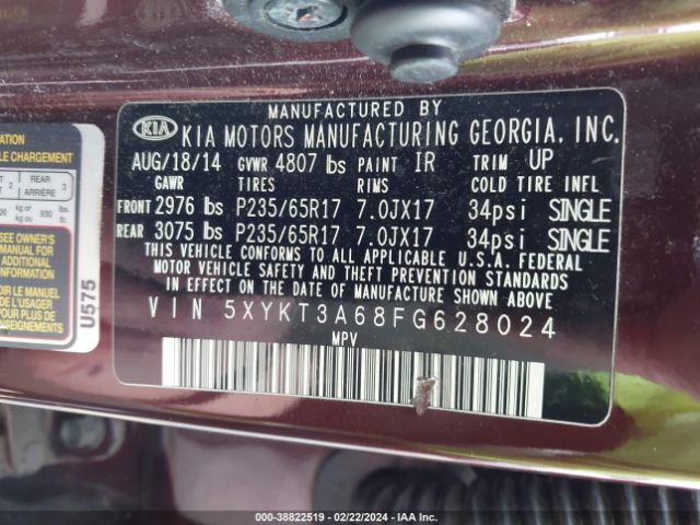 Photo 8 VIN: 5XYKT3A68FG628024 - KIA SORENTO 