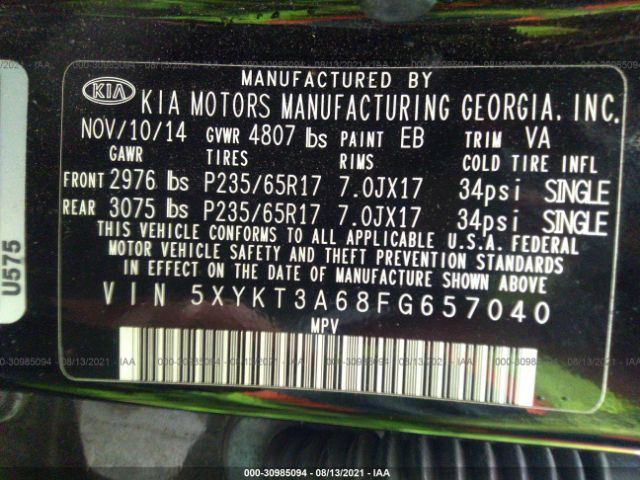 Photo 8 VIN: 5XYKT3A68FG657040 - KIA SORENTO 