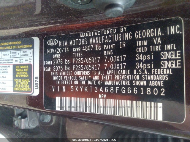 Photo 8 VIN: 5XYKT3A68FG661802 - KIA SORENTO 