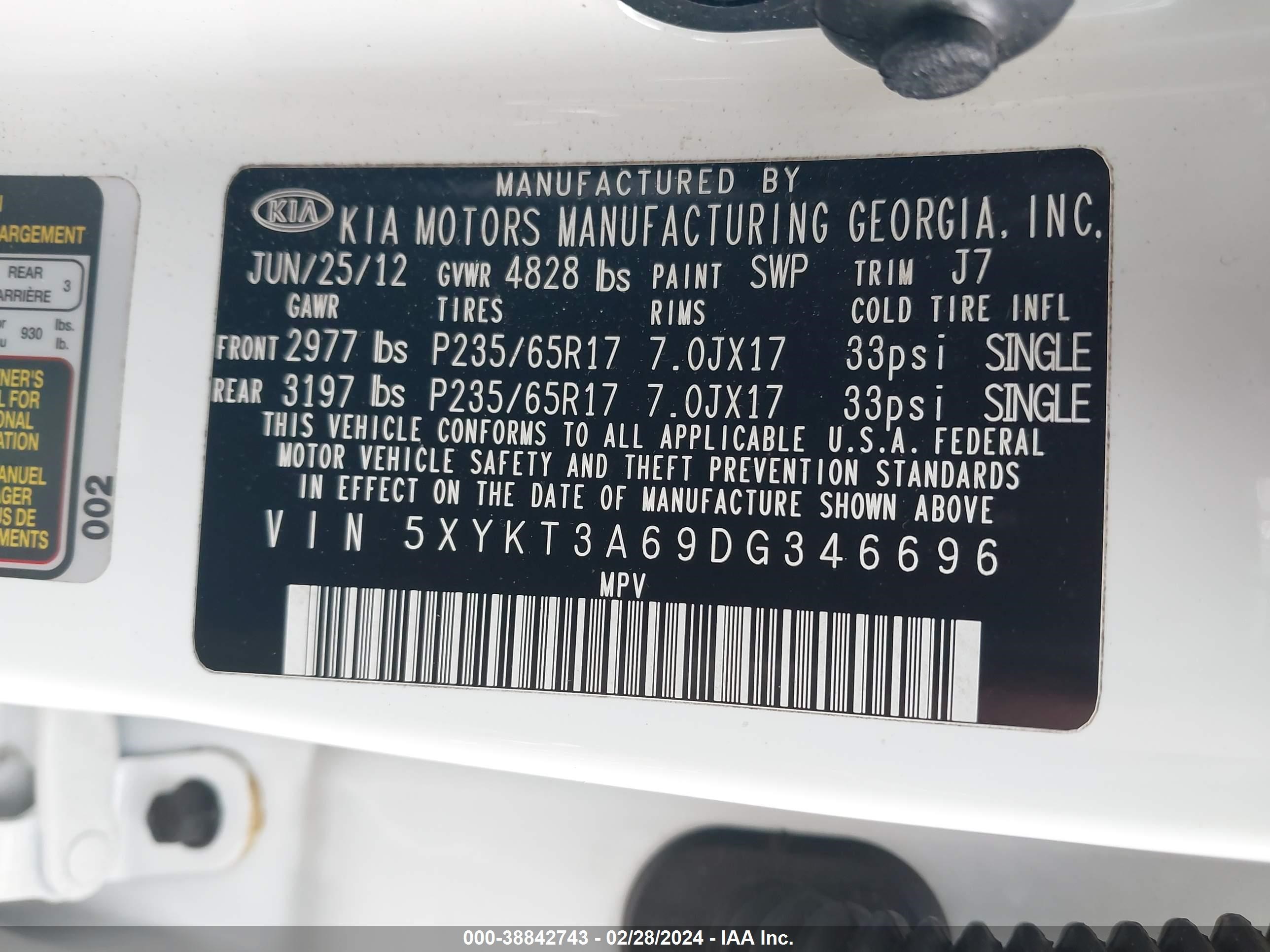 Photo 8 VIN: 5XYKT3A69DG346696 - KIA SORENTO 