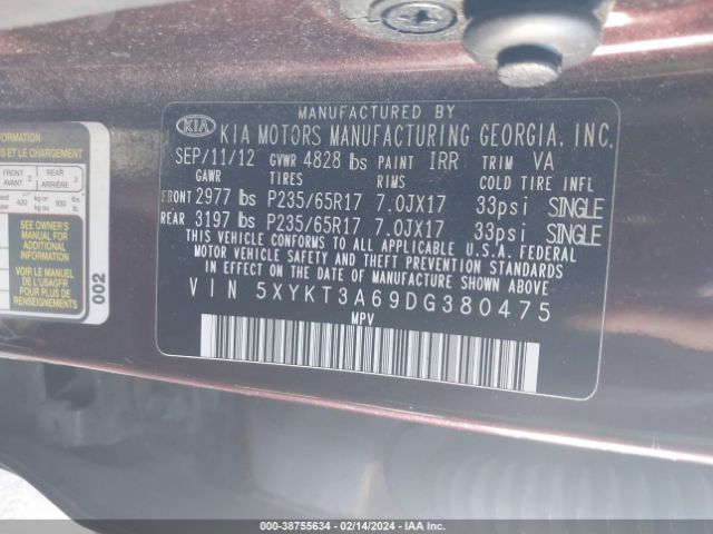 Photo 8 VIN: 5XYKT3A69DG380475 - KIA SORENTO 