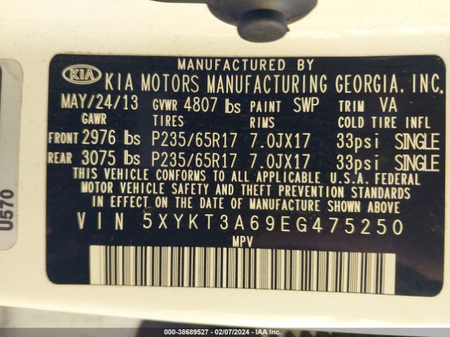 Photo 8 VIN: 5XYKT3A69EG475250 - KIA SORENTO 