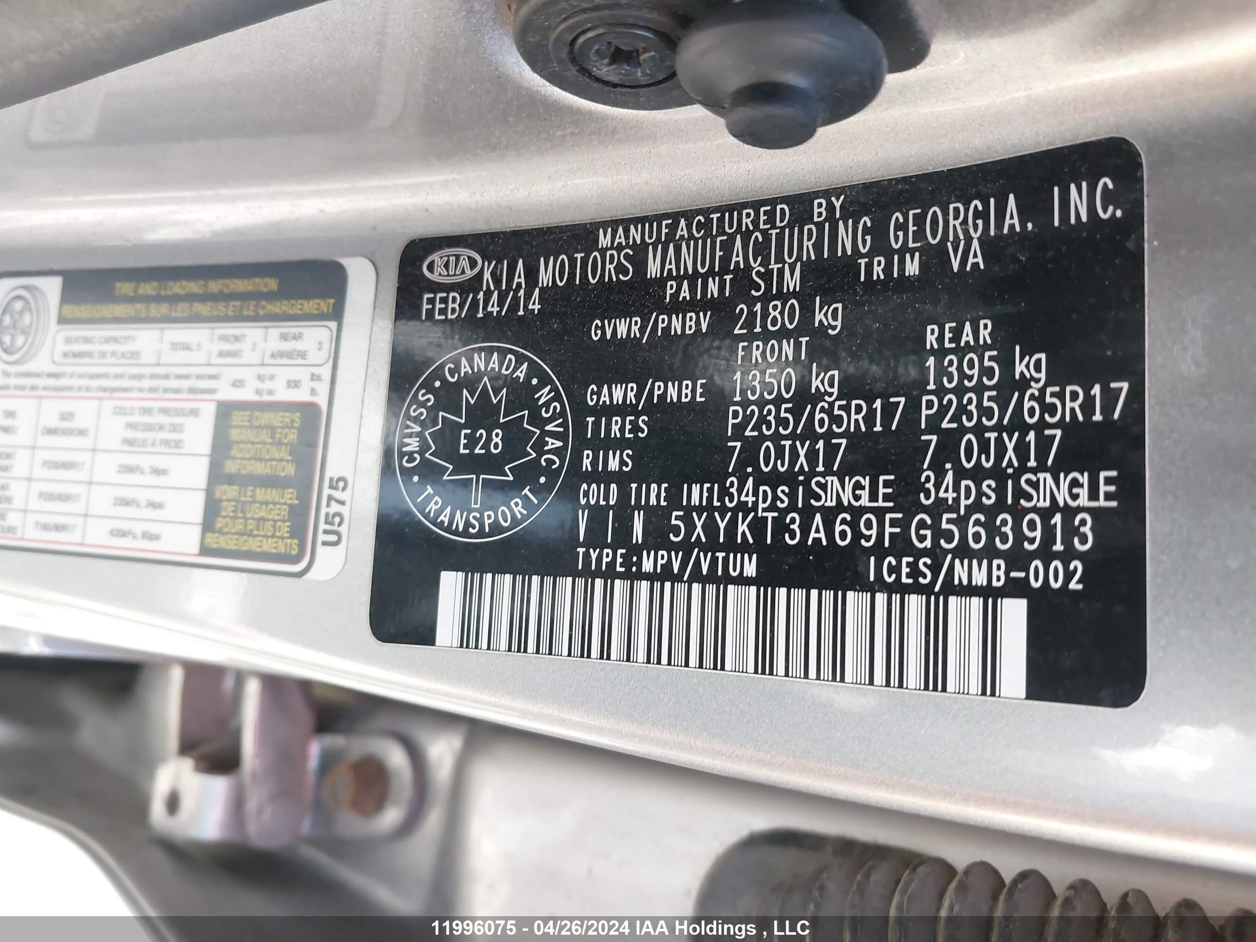 Photo 8 VIN: 5XYKT3A69FG563913 - KIA SORENTO 