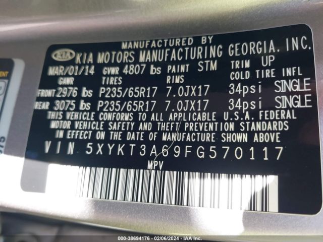 Photo 8 VIN: 5XYKT3A69FG570117 - KIA SORENTO 