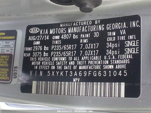 Photo 8 VIN: 5XYKT3A69FG631045 - KIA SORENTO 