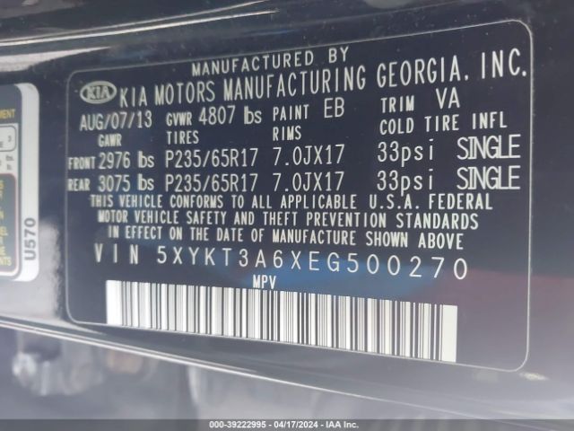 Photo 8 VIN: 5XYKT3A6XEG500270 - KIA SORENTO 