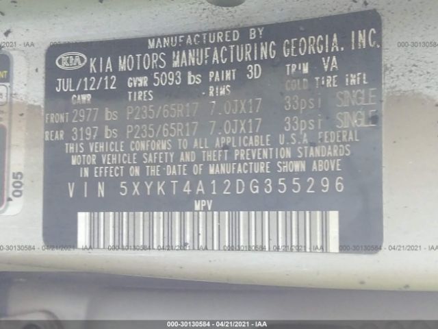 Photo 8 VIN: 5XYKT4A12DG355296 - KIA SORENTO 