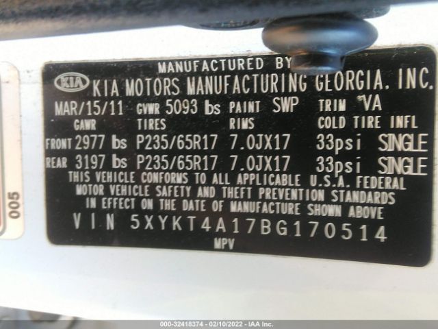 Photo 8 VIN: 5XYKT4A17BG170514 - KIA SORENTO 