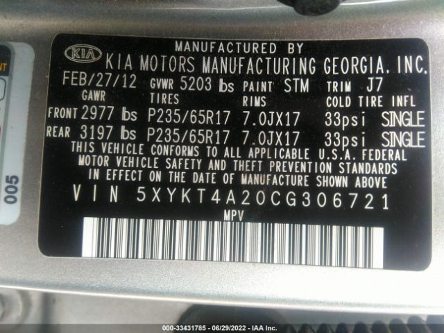 Photo 8 VIN: 5XYKT4A20CG306721 - KIA SORENTO 