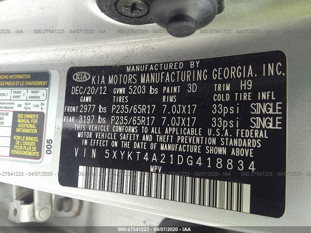 Photo 8 VIN: 5XYKT4A21DG418834 - KIA SORENTO 