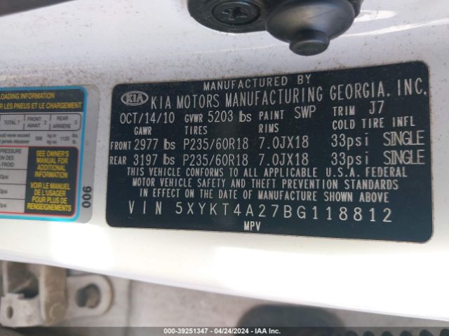 Photo 8 VIN: 5XYKT4A27BG118812 - KIA SORENTO 