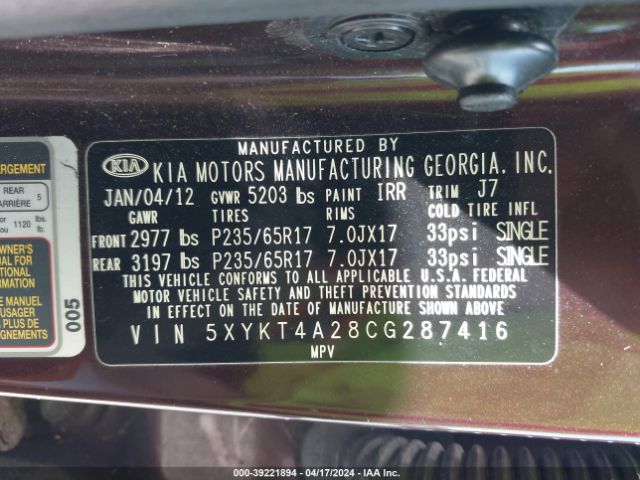 Photo 8 VIN: 5XYKT4A28CG287416 - KIA SORENTO 