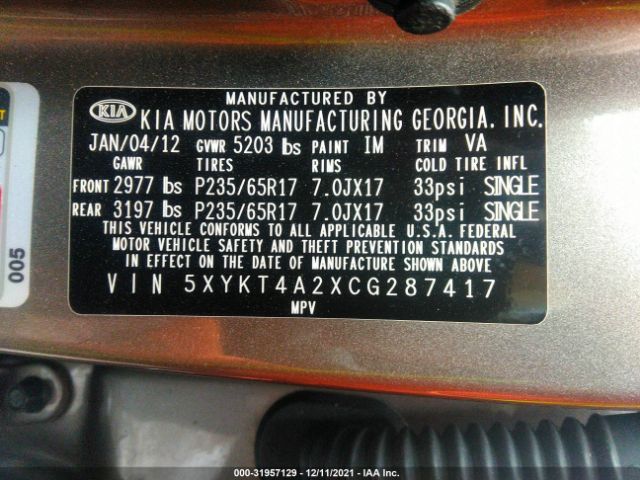 Photo 8 VIN: 5XYKT4A2XCG287417 - KIA SORENTO 