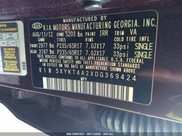 Photo 8 VIN: 5XYKT4A2XDG369424 - KIA SORENTO 