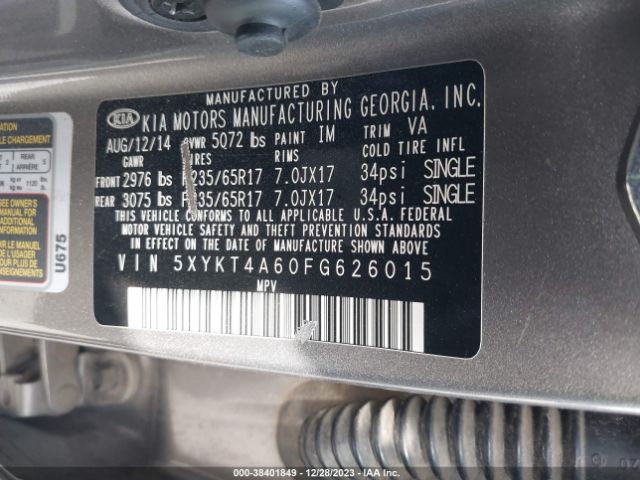 Photo 8 VIN: 5XYKT4A60FG626015 - KIA SORENTO 