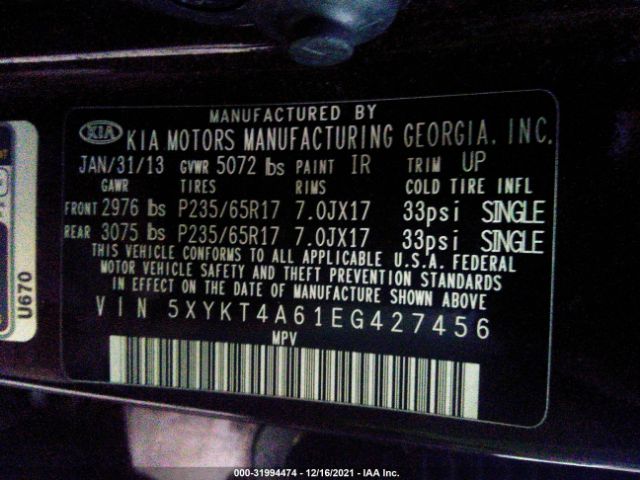 Photo 8 VIN: 5XYKT4A61EG427456 - KIA SORENTO 